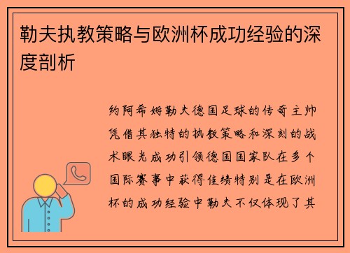 勒夫执教策略与欧洲杯成功经验的深度剖析