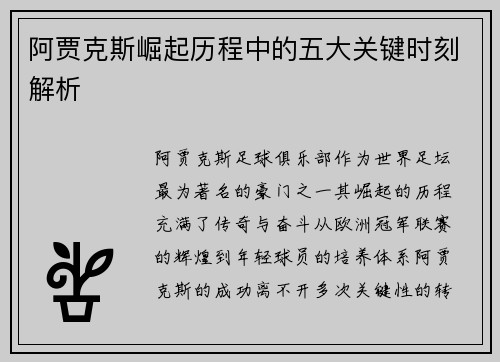 阿贾克斯崛起历程中的五大关键时刻解析